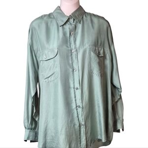 Daniel Hechter Vintage Men's Green Silk  Button-Up Shirt Size Medium Oversize